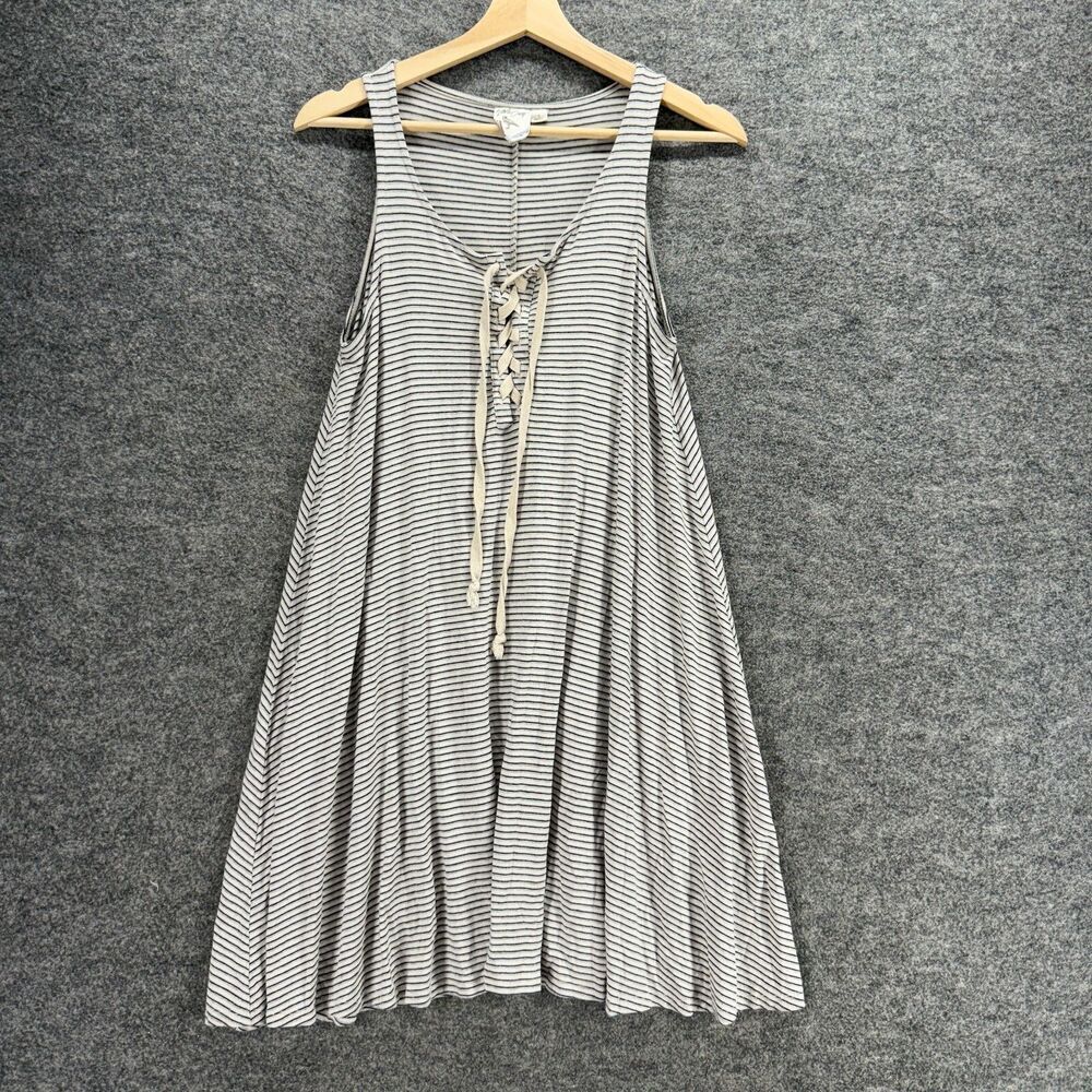White Crow Dress Women S Small Gray Striped Shift Midi V-Neck Tasseled Rayon